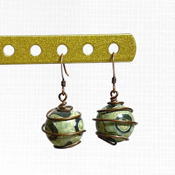 Copper Wire Wrapped Earrings Dangle Green Balls Circle Swirl Hooks Pierced Drop - Picture 1 of 6